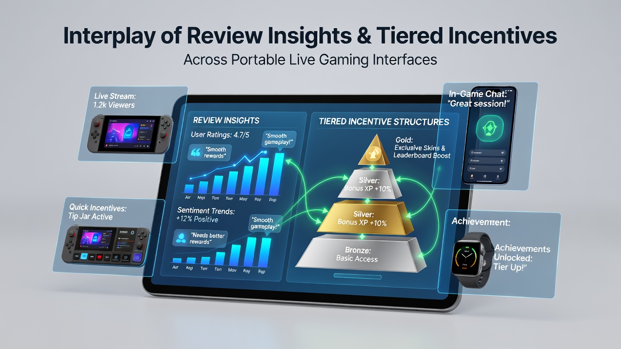 Mobile Live-Gaming-Interfaces mit gestaffelten Belohnungssystemen und Review-Daten auf Smartphones